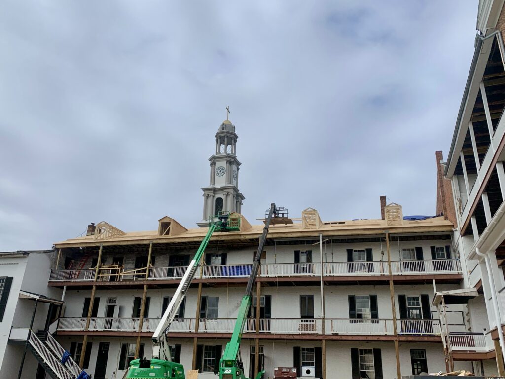 Exterior construction work on Visitation Academy Frederick